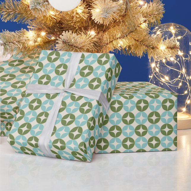 Mod Blue Sage Green Festive Geometric Mitte Jahrhu Geschenkpapier (Feiertage)