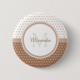 Mod Brown and White Polka Dots Monogram with name Button
