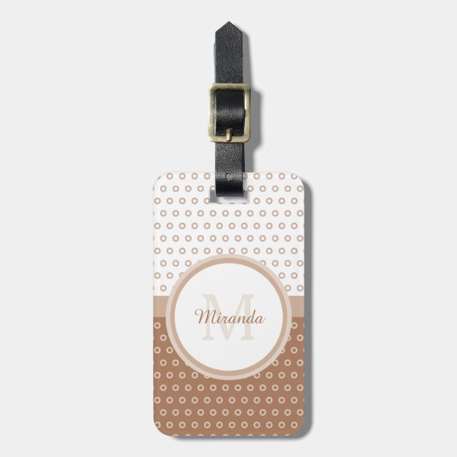 Mod Brown and White Polka Dots Monogram with name Gepäckanhänger (Vorderseite vertikal)