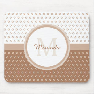 Mod Brown and White Polka Dots Monogram with name Mousepad