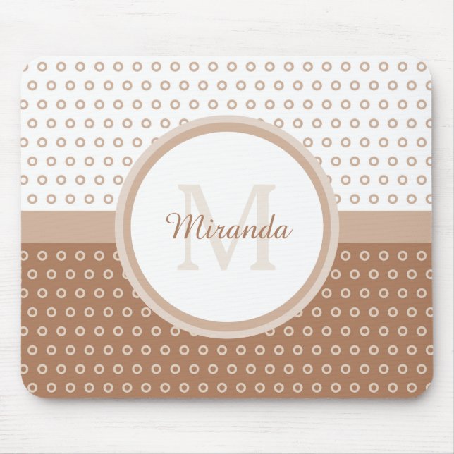 Mod Brown and White Polka Dots Monogram with name Mousepad (Vorne)