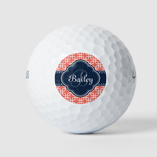 Mod Coral Pattern Navy Quarz Monogramm Golfball (Vorderseite)