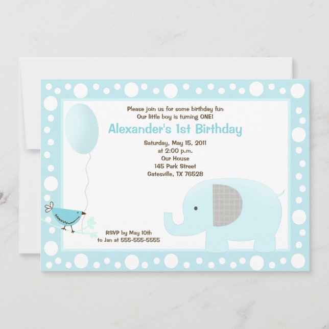 Mod Elephant Jungle Dot 12x18 Birthday Invite Blue Einladung (Vorderseite)
