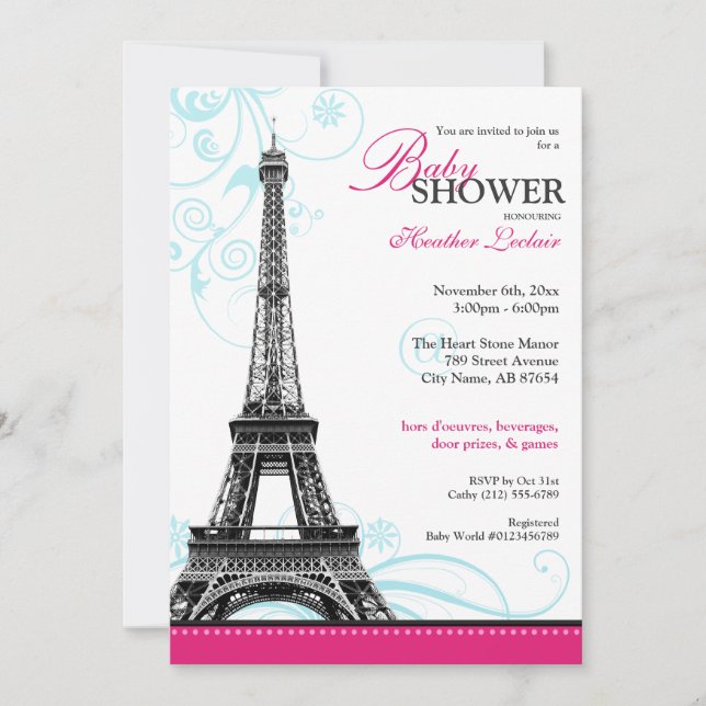 Mod Geblüht Eiffelturm Pariser Babydusche Einladung (Vorderseite)