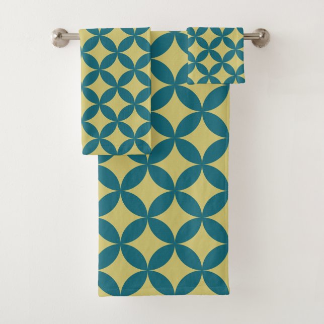 Mod Geometric Retro Modern Blue Green Mitte des Ja Badhandtuch Set (Insitu)