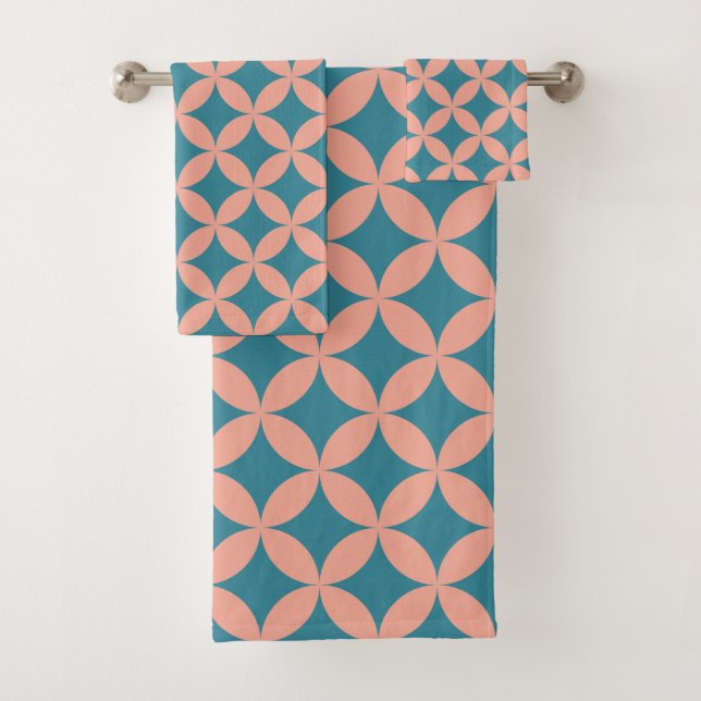 Mod Geometric Retro Modern Peach Blue Mitte des Ja Badhandtuch Set (Insitu)