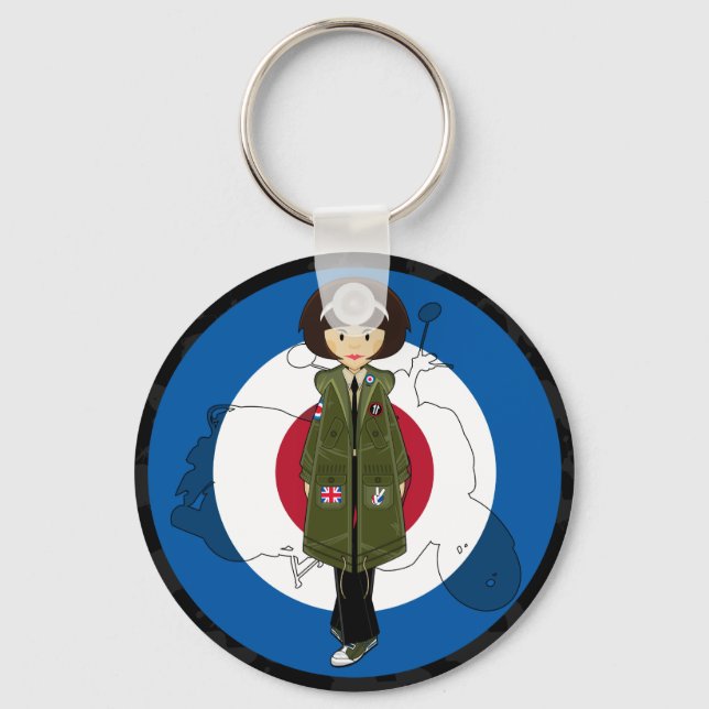 Mod Girl aus den 60er Jahren in Parka mit Scooter- Schlüsselanhänger (Vorderseite)