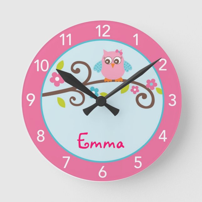 Mod Girl Owl Personalisiertes Kinderzimmer Uhr (Vorderseite)