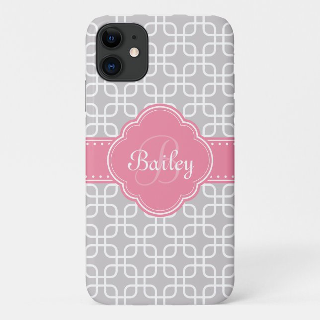 Mod Graues Muster Pink Quatrefolienmonogramm Case-Mate iPhone Hülle (Rückseite)
