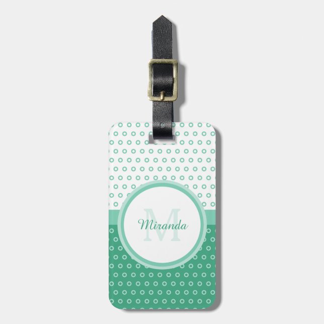 Mod Green und White Polka Dots Monogramm mit Name Gepäckanhänger (Vorderseite vertikal)