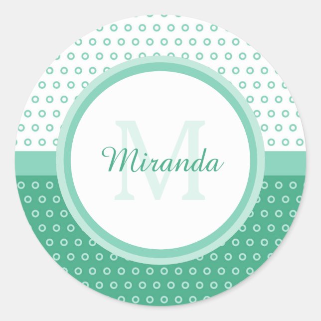Mod Green und White Polka Dots Monogramm mit Name Runder Aufkleber (Vorderseite)