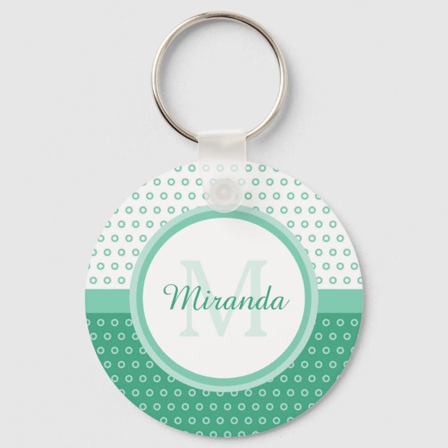 Mod Green und White Polka Dots Monogramm mit Name Schlüsselanhänger (Vorderseite)
