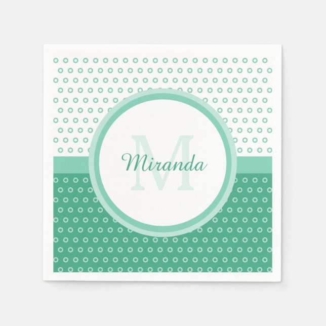 Mod Green und White Polka Dots Monogramm mit Name Serviette (Vorderseite)