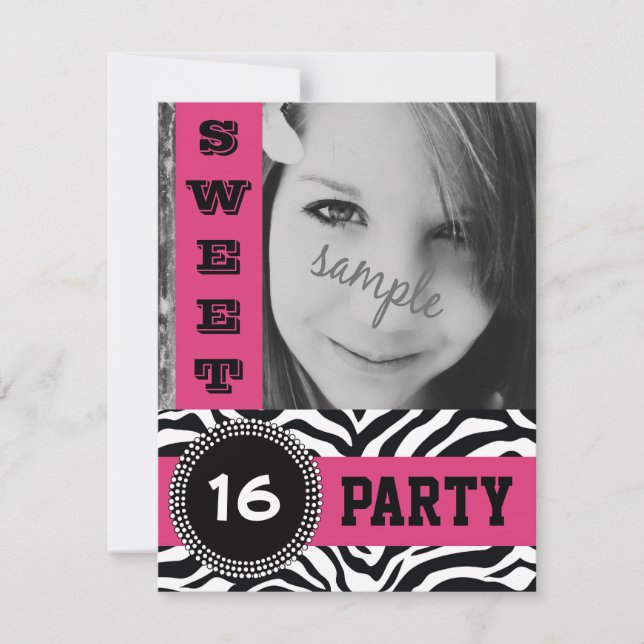 Mod Hot Pink Zebra Sweet 16 Party mit Foto Einladung (Vorderseite)
