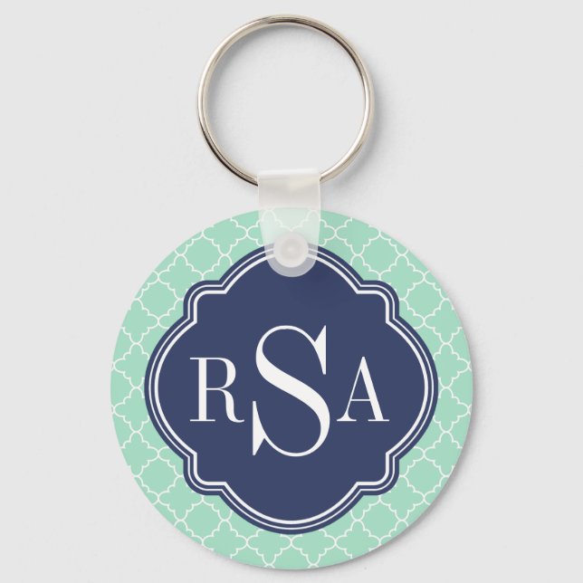Mod Mint Green Trellis Blue Monogram Schlüsselanhänger (Vorderseite)