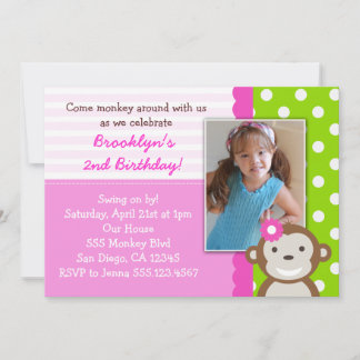Mod Monkey Girl Geburtstag Einladung Rosa