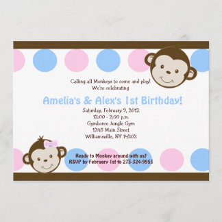 Mod Monkey Twins Rosa/Blau 12x18 Geburtstag Einladung