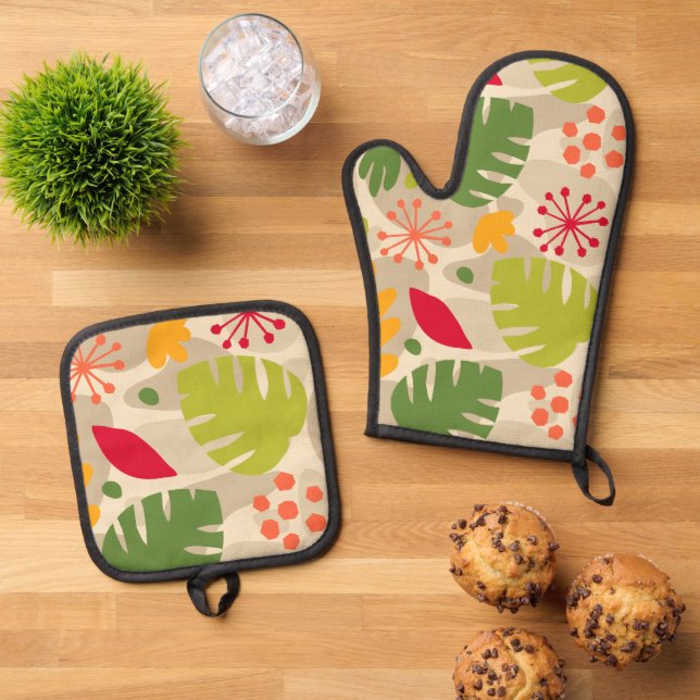 Mod Monstera Leaf Abstrakt Hawaii Tropisch - warm Ofenhandschuh & Topflappen-Set (Oben Unten)