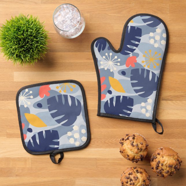 Mod Monstera Leaf Abstrakt Hawaiian Tropical - Blu Ofenhandschuh & Topflappen-Set (Oben Unten)