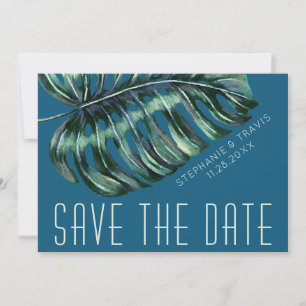 Mod Monstera Leaf Green und Moody Blue Wedding Save The Date