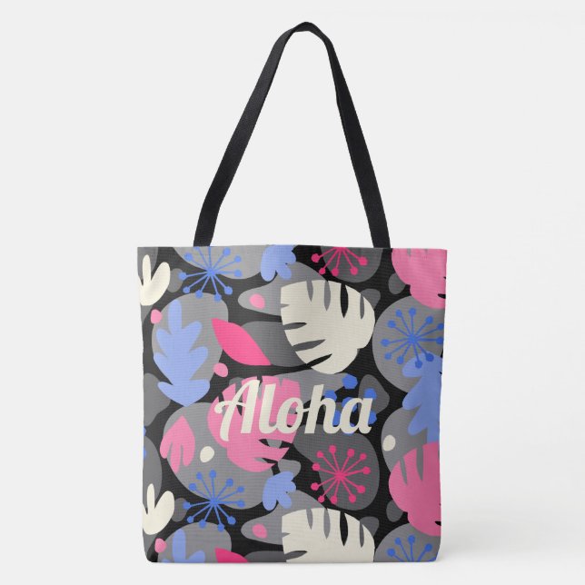 Mod Monstera Leaf Hawaiian Tropical Gray Beach Bag Tasche (Vorderseite)