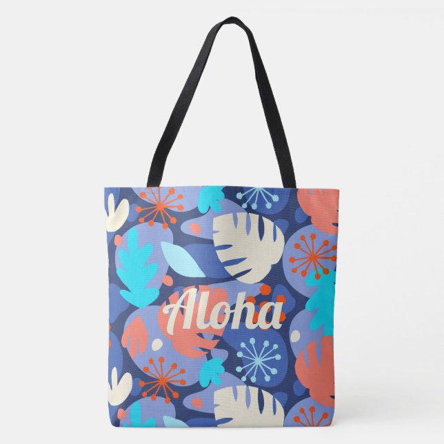Mod Monstera Leaf Hawaiian Tropical Navy Beach Bag Tasche (Vorderseite)