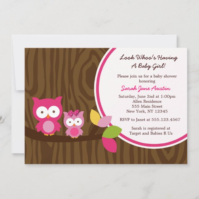 Mod Owl Girl Babydusche Einladungen (Vorderseite)