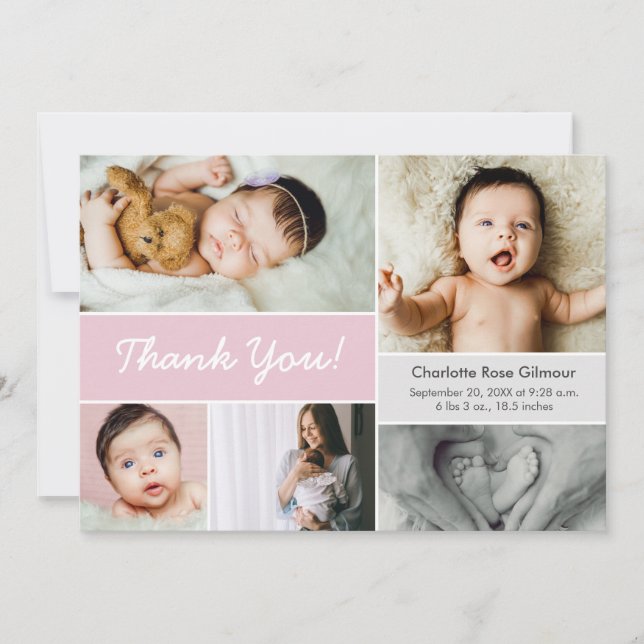 Mod Pink Custom Foto Collage Baby Girl Birth Dankeskarte (Vorderseite)