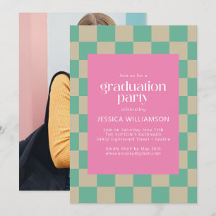 Mod Pink Mint Grün Karofoto Abschlussfeier Einladung
