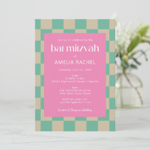 Mod Pink Minze Green Checkerboard Bat Mitzvah UAWG Einladung