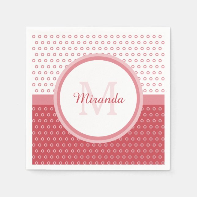 Mod Pink und Weiß Polka Dots Monogramm mit Name Serviette (Vorderseite)