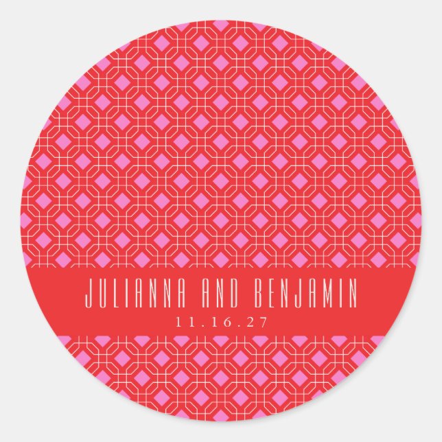 Mod Red Pink Geometric Custom Wedding Runder Aufkleber (Vorderseite)