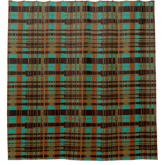 Mod Retro Asymmetrisches Tartan Muster Kupfer Aqua Duschvorhang (Vorderseite)