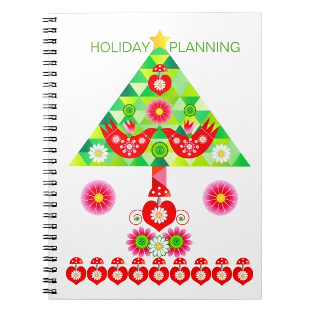 Mod Scandi Holiday Bird and Tree Note Book Notizblock (Vorderseite)