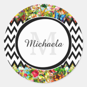 Mod schwarzes Chevron Vintage-Blumenmonogramm und Runder Aufkleber