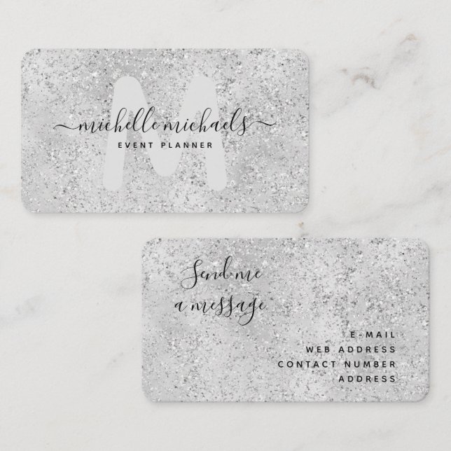 Mod Silver Luxury Glitzer Glam Monogram Script Visitenkarte (Vorne/Hinten)