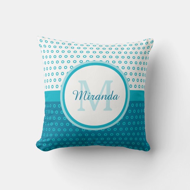 Mod-Türkis-Blau-Polka-Punkt-Monogramm mit Namen Kissen (Vorderseite)