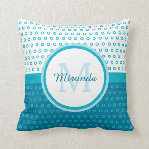 Mod-Türkis-Blau-Polka-Punkt-Monogramm mit Namen Kissen