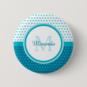 Mod Türkis Blue Polka Dots Monogramm mit Namen Button