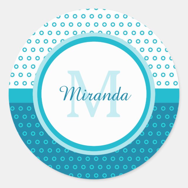 Mod Türkis Blue Polka Dots Monogramm mit Namen Runder Aufkleber (Vorderseite)