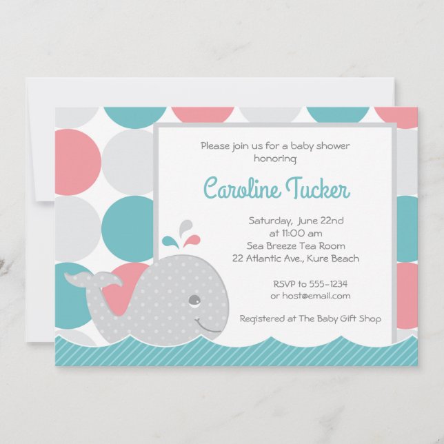 Mod Whale Coral & Invitation Baby shower Turquoise (Devant)