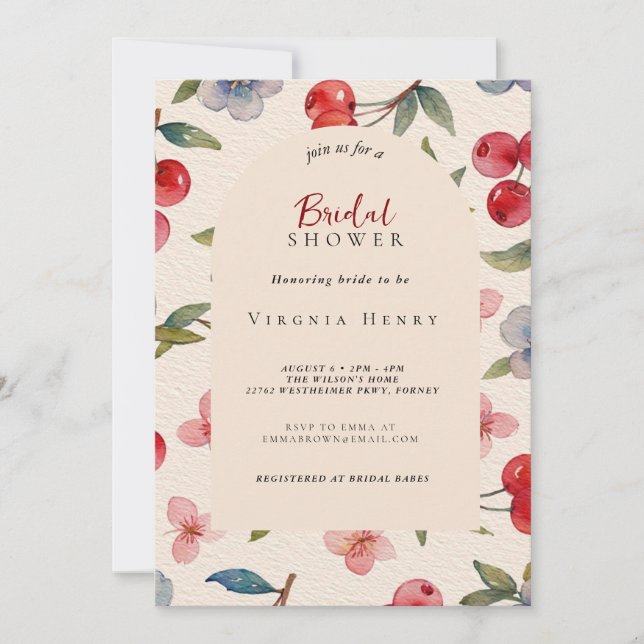 Moda Coquette Cherry en una gran ducha de novia Einladung (Vorderseite)