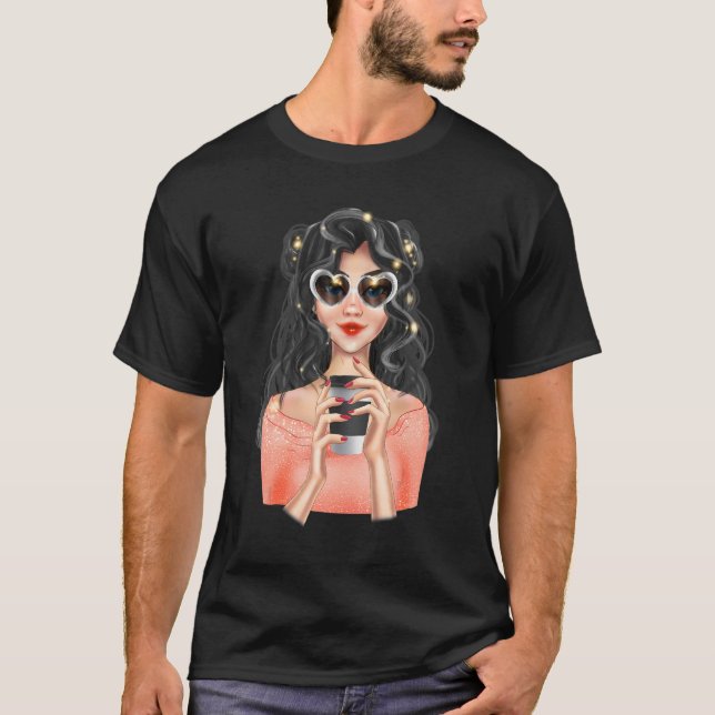 Mode Blonde Girl mit Tasse Kaffee mit Herz T-Shirt (Vorderseite)
