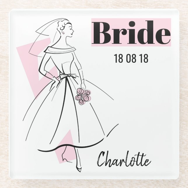 Mode Bride Pink Bride Datum Name Untersetzer Glas (Vorderseite)