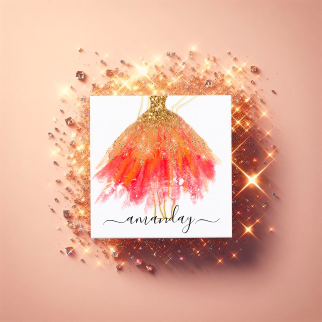 Mode Designer Glitzer Dress Logo QR Red Gold Quadratische Visitenkarte (Fashion Designer Glitter Dress Logo QR Red Gold Square Business Card)