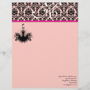 Mode-Diva 2 Pink-Rasberry-Monogramm-Damaskus Briefbogen