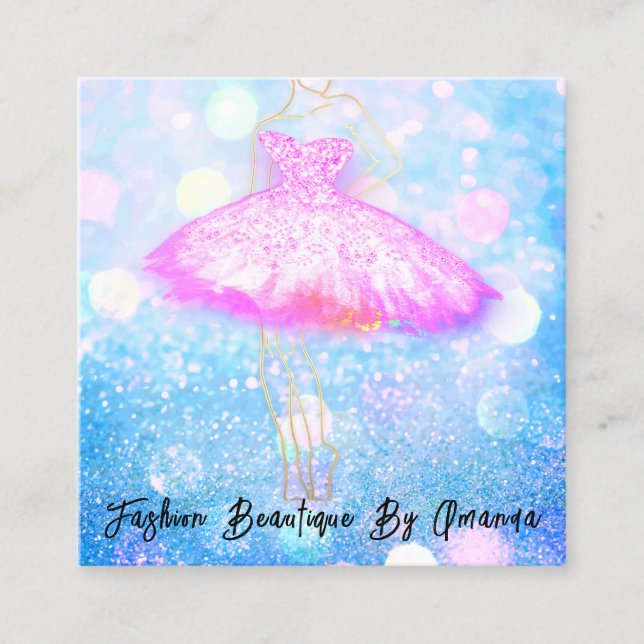 Mode Dress Logo QR Code Glitzer Rosa Kleid Blau Quadratische Visitenkarte (Vorderseite)