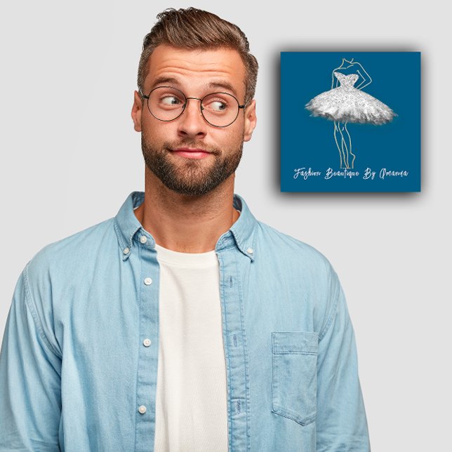 Mode Dress Logo QR Code Grau Silver Dress Navy Quadratische Visitenkarte (Fashion Dress Logo QR Code Gray Silver Dress Navy Square Business Card)