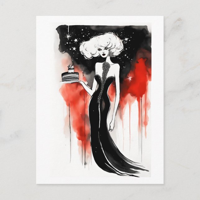 Mode-Feier. Schöne Frau mit Kuchen Postkarte (Vorderseite)