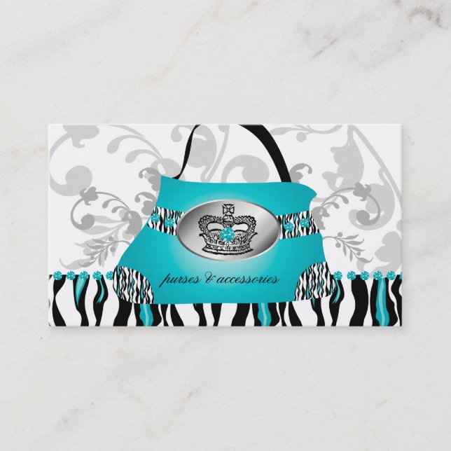Mode Handbag Crown Pursuit Blue Zebra Floral 2 Visitenkarte (Vorderseite)